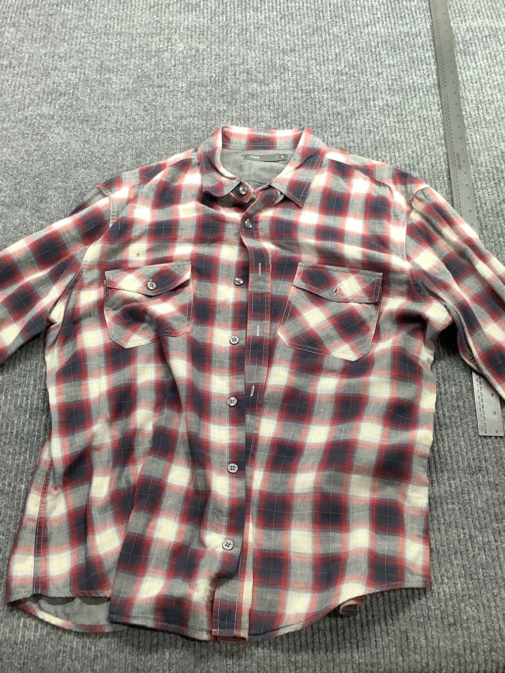 Vince Red Navy Cream Plaid Button-Up Shirt